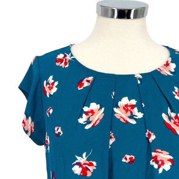 41 Hawthorn Floral Cap Sleeve Blouse Teal Blue Red Size Petite Small NWT - Picture 3 of 9